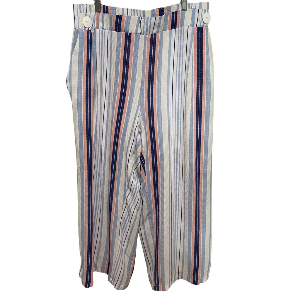 Studio JPR Womens XL Wide Leg Crop Pants Blue Pink Striped Nautical Button Trim - Picture 4 of 11
